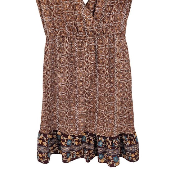 Y2K Boho Flutter Sleeve Faux Wrap Baby Doll Mini Dress Sz M Ruffle Hem Brown - Picture 4 of 13